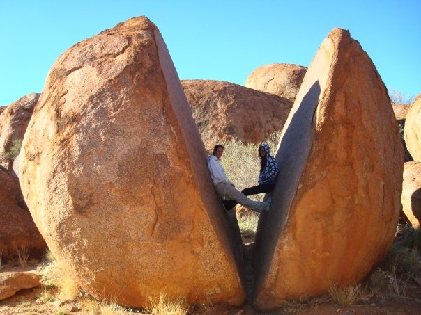 Suzanne with her travel buddy at the Devils Marbles.